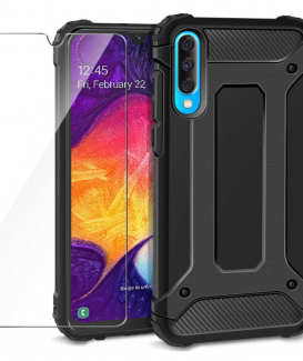 AROYI Cover Samsung Galaxy A50 + Pellicola Protettiva in Vetro Temperato, Custodia Robusto Silicone TPU + PC Cassa Ibrido Doppio Strato Protective Case Cover per Samsung Galaxy A50 2019 Nero