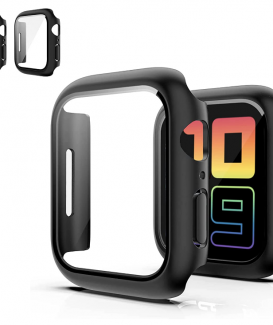 SNSIR Custodia rigida in policarbonato con pellicola proteggi schermo in vetro temperato, compatibile con Apple Watch Serie 7, 45 mm (45 mm), confezione da 2 pezzi