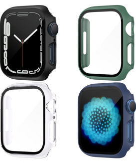 NANW [Confezione da 4] Custodia rigida per PC con pellicola protettiva in vetro temperato, compatibile con Apple Watch Serie 7 41 mm, copertura integrale per Smartwatch Serie 7 41 mm