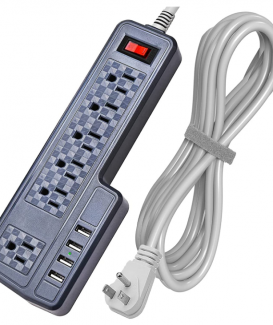 JACKYLED 3.4A 4 USB-Anschlüsse 900J Elektrische Überspannungsschutz-Steckdosenleiste Anbaubares 9Ft lange Verlängerungskabel 6-Outlet-Center rechtwinklig Flach Wand Plug Nacht Schreibtisch Klein Grau