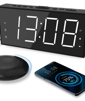 Reloj despertador alto con agitador de cama para dormir pesado, reloj despertador vibrador con cargador USB para sordos con discapacidad auditiva, reloj despertador doble, pantalla de 7,5 pulgadas con
