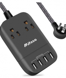 Tira de alimentación con USB, montaje de 2 tomas, 4 puertos USB, tiras de alimentación (5 V/4,5 A), cable de extensión trenzado largo de 1,5 m, protector contra sobretensiones, enchufe plano portátil 