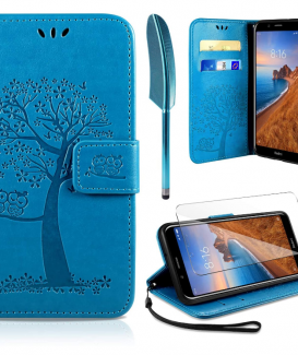 AROYI Coque pour Xiaomi Redmi 7A + film de protection d'écran, Redmi 7A fin et élégant rétro support pliable avec rabat en PU fentes pour cartes magnétiques Protection pour Xiaomi Redmi 7A Bleu