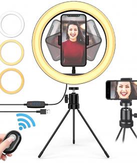 Ring Lights with Tripod Stand & Phone Holder, 10 ''Selfie light Usb led Ring Light for Makeup Desk Circle Light with 3 Light Modes 10 Brightness Great for Live Streaming, Video,Photography