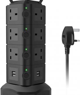 Surge Protector Versatile Extension Lead ONLYWIN 14 Outlet with 4 USB Ports 2M Cord Power Strip Tower Electric Station for Home Office Computer Counter Black